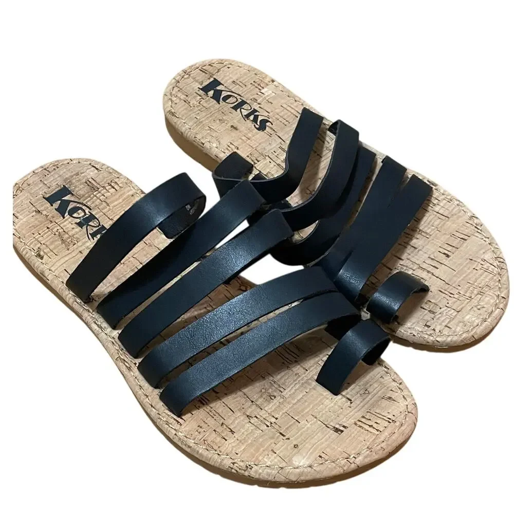 KORKS Women's 6 Black Shay Strapy‎ Faux Leather Slip on Comfort Sandal